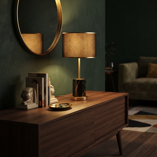 Nachtlampe aus feinem Stoff mit zeitloser goldener Basis – Yliane