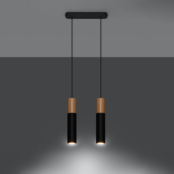 Modern black wood pendant light, 2 bulbs – Norvane model