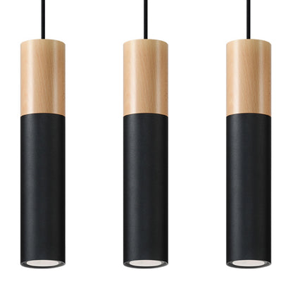 Natuurlijk houten zwarte hanglamp 3-lichts – Modèle Norvéo