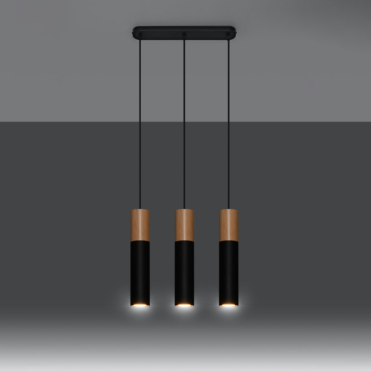 Black suspension natural wood 3 lights – Norvéo model