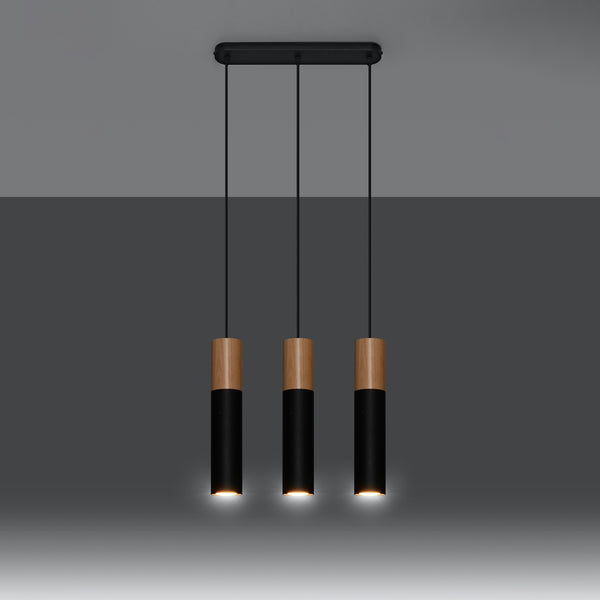 Black suspension natural wood 3 lights – Norvéo model