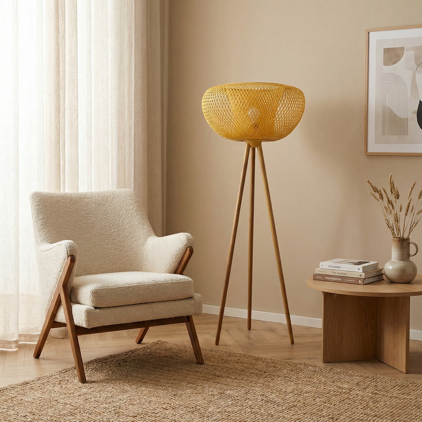 Lampadaire en rotin et métal noir pour salon – Rotanique