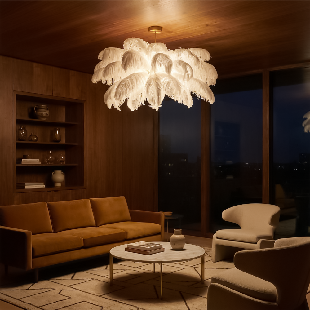 Lustre en plumes d’autruche LED blanc pour salon – Featherelle
