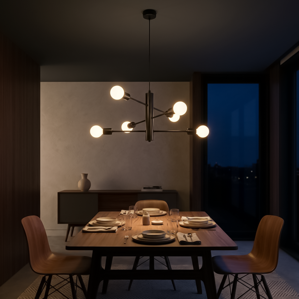 Lustre industriel noir 6 lampes salon – Modèle Neravio