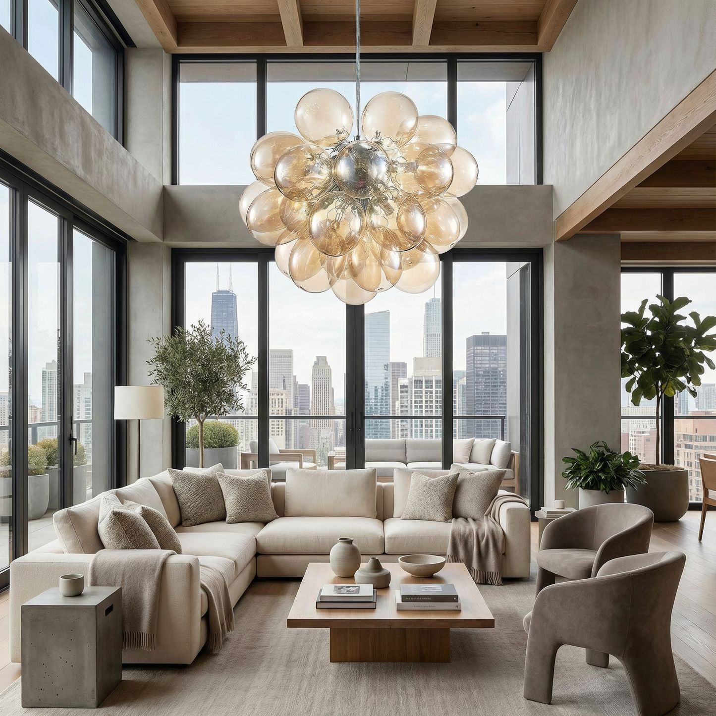 Kroonluchter Geblazen Glas Donkerbeige voor Woonkamer – Orbalique