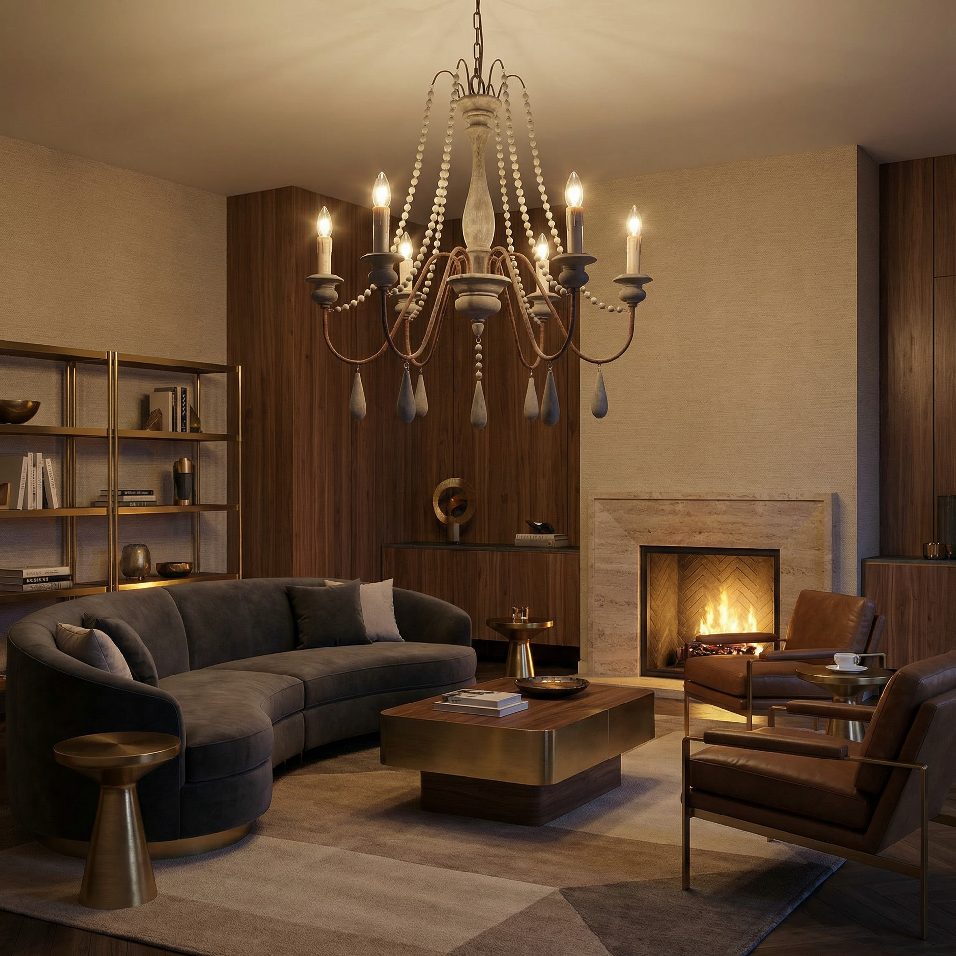 Kroonluchter in wit vintage hout voor woonkamer – Elarisia