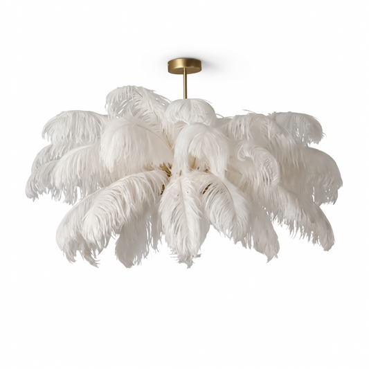 Lustre en plumes d’autruche LED blanc pour salon – Featherelle
