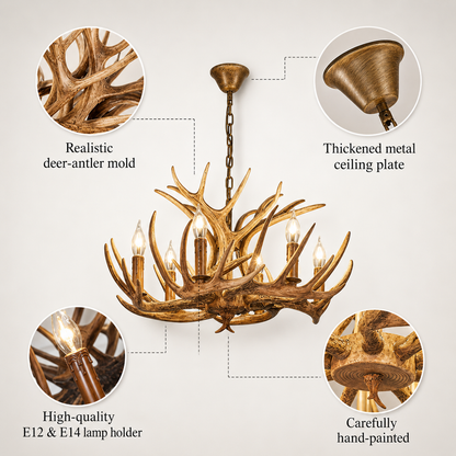 Lustre Bois de Cerf en Résine, Style Chalet Américain — Floreo