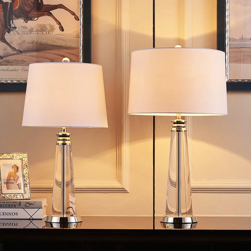 Contemporary Bedside Lamp Lunara in Crystal and Steel with White Fabric Shade - View 6