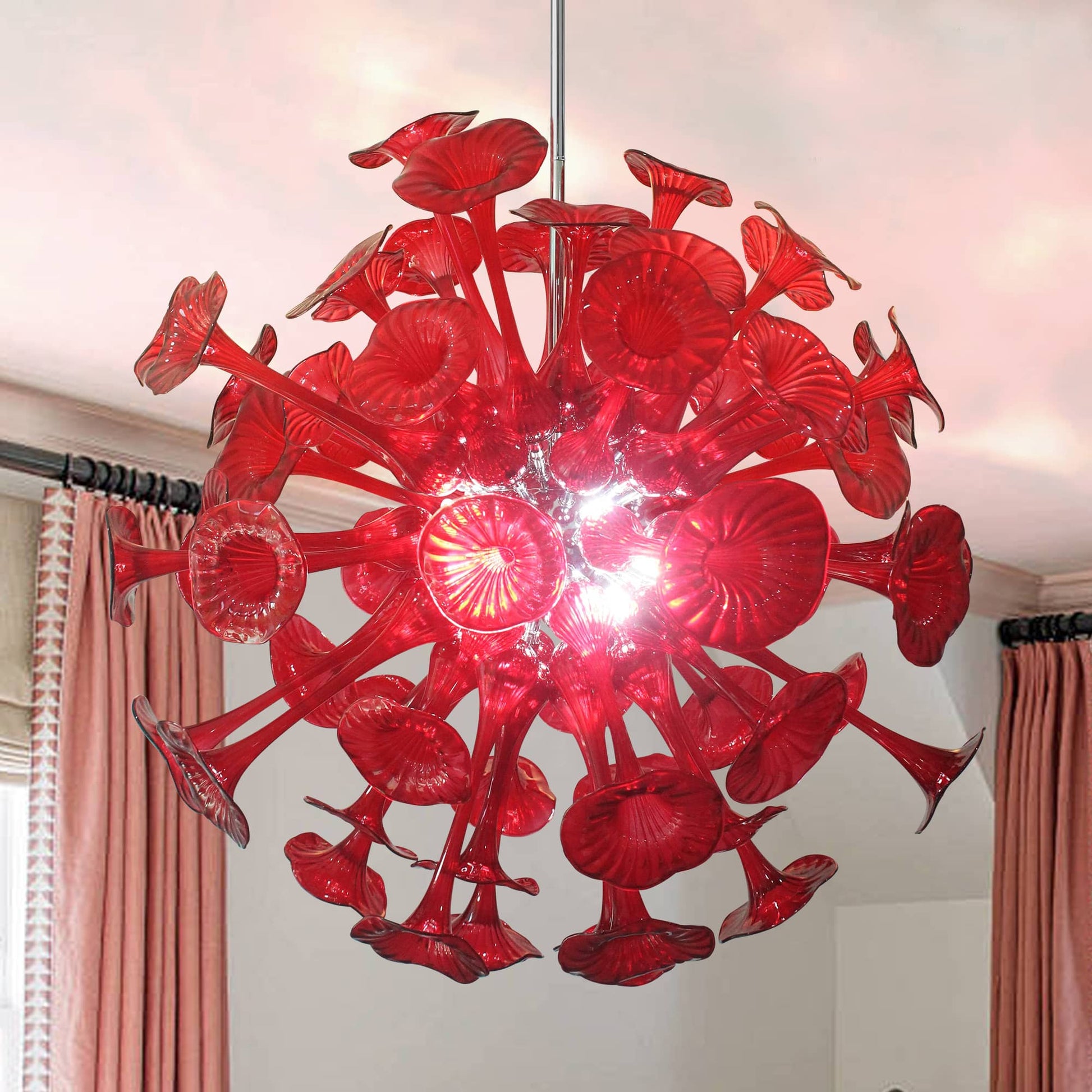 Kroonluchter in rood geblazen glas voor woonkamer – Spherelumia