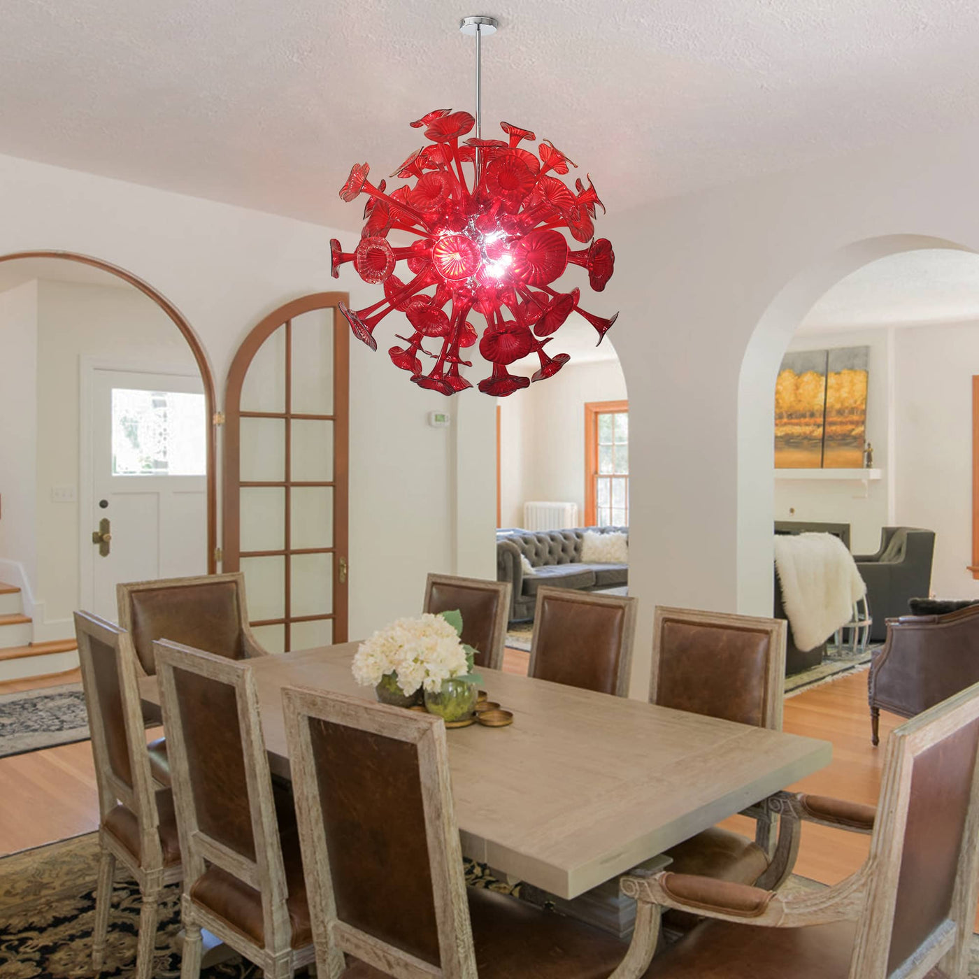 Lustre en Verre Soufflé Rouge pour Salon – Spherelumia