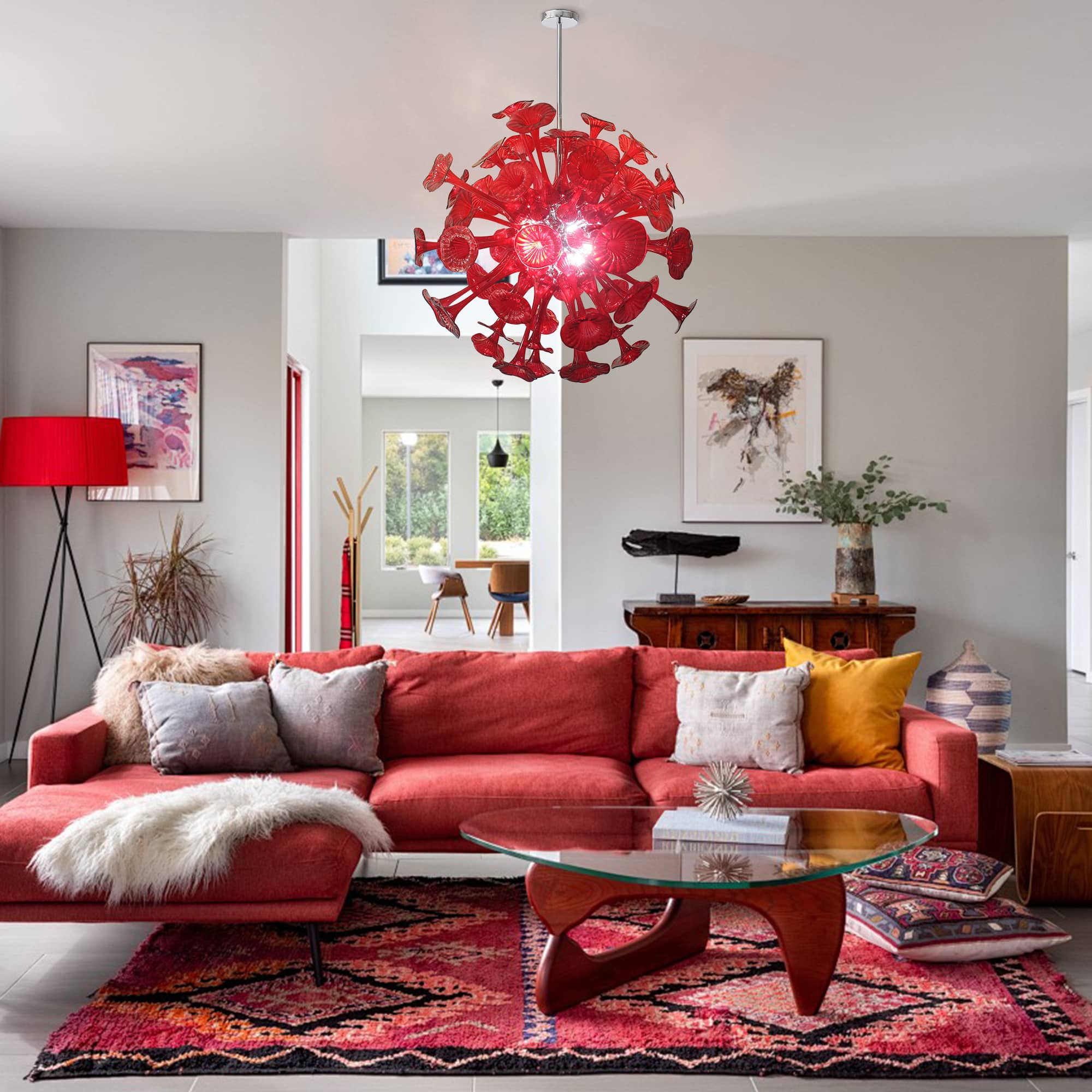 Kroonluchter in rood geblazen glas voor woonkamer – Spherelumia
