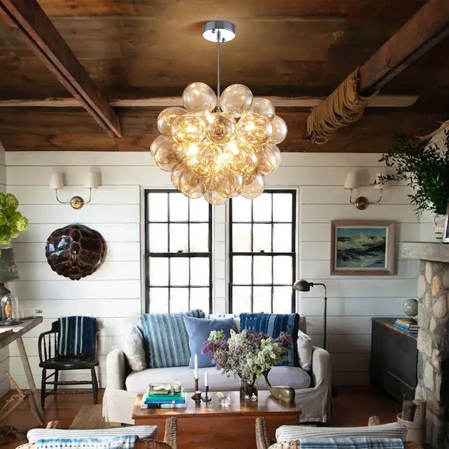 Kroonluchter in donkerbeige geblazen glas voor woonkamer – Orbalique