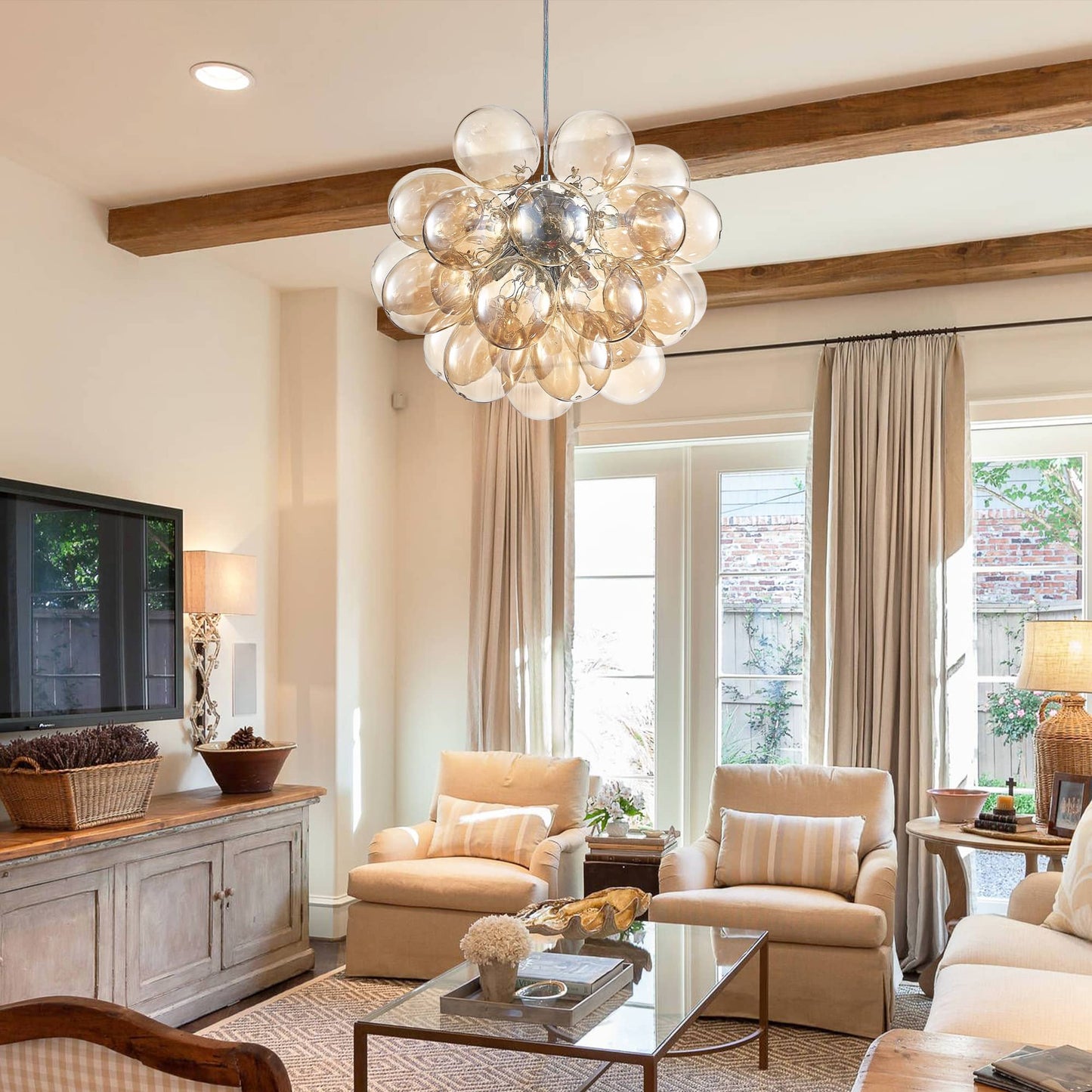 Kroonluchter in donkerbeige geblazen glas voor woonkamer – Orbalique