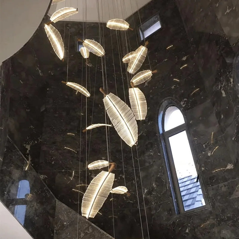Moderne LED Kristallen Kroonluchter met Bladmotief voor Woonkamer en Trap – Caeluxia