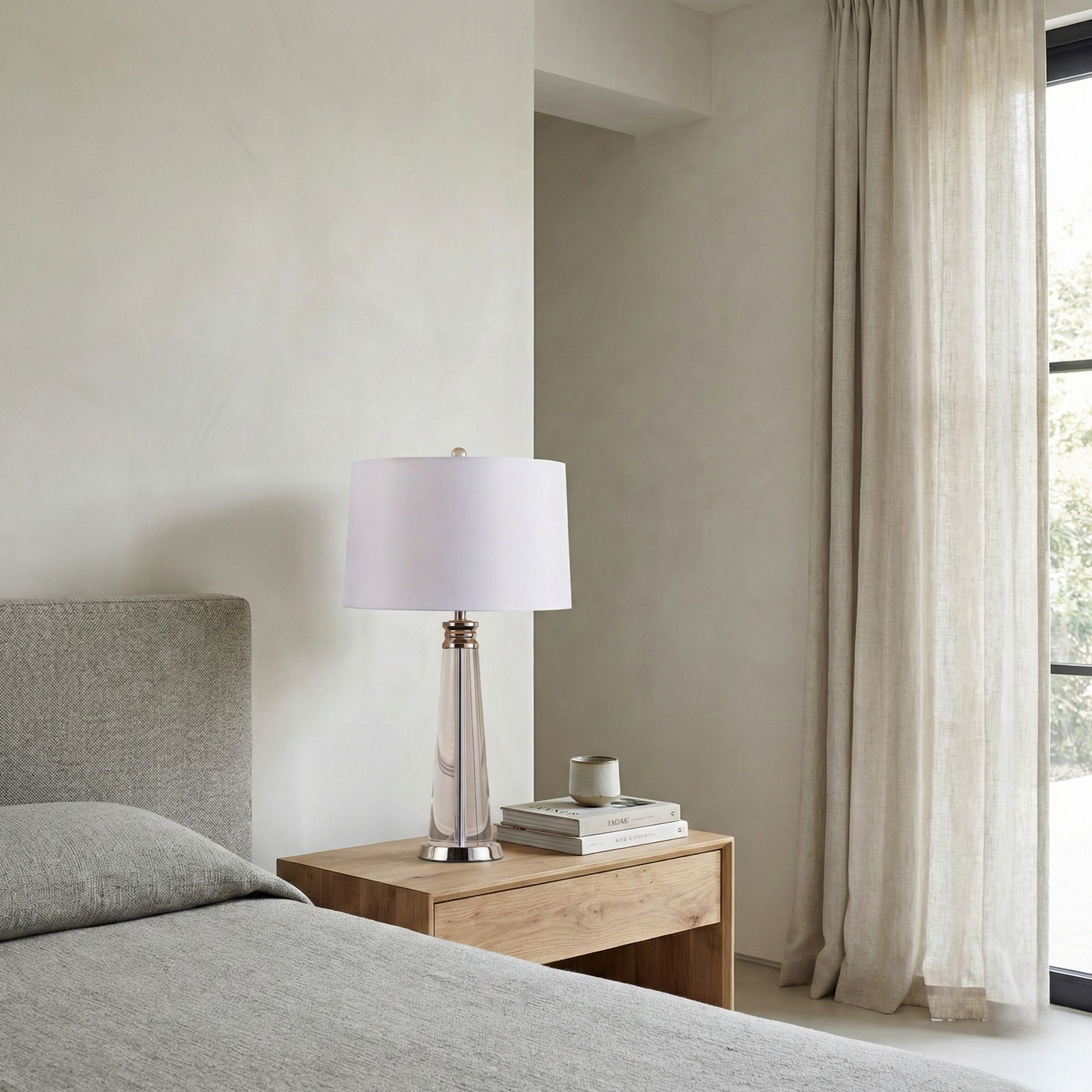 Contemporary Bedside Lamp Lunara in Crystal and Steel with White Fabric Shade - View 2