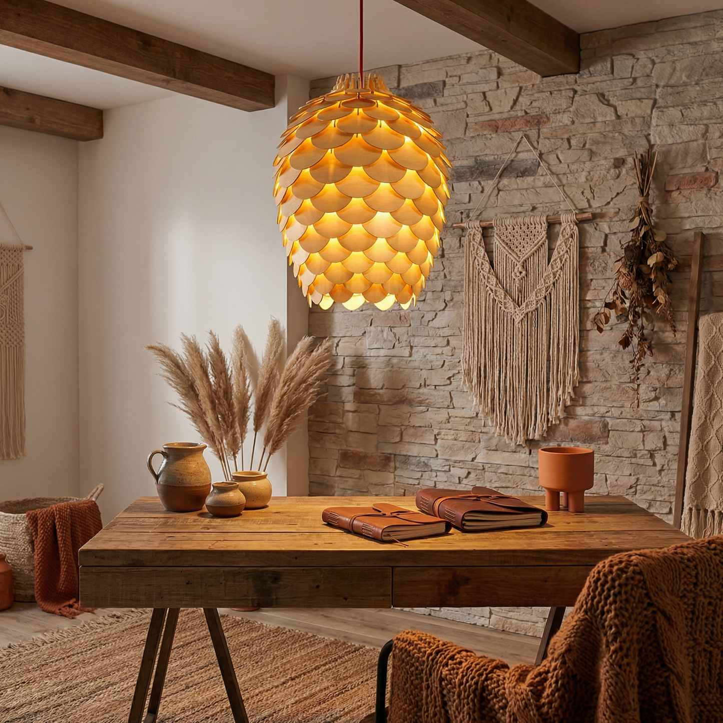 Suspension luminaire bois sculpté nature forme arrondie Orena - vue 6