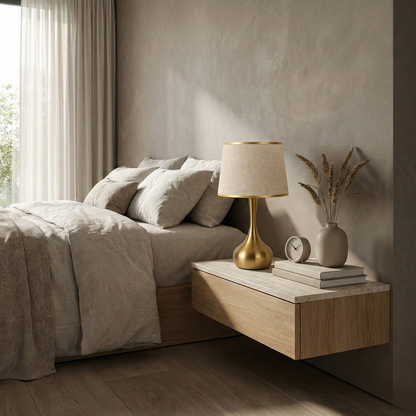 Sophisticated table lamp Luminis with gold metal base and fabric shade in cosy ambiance – view 3