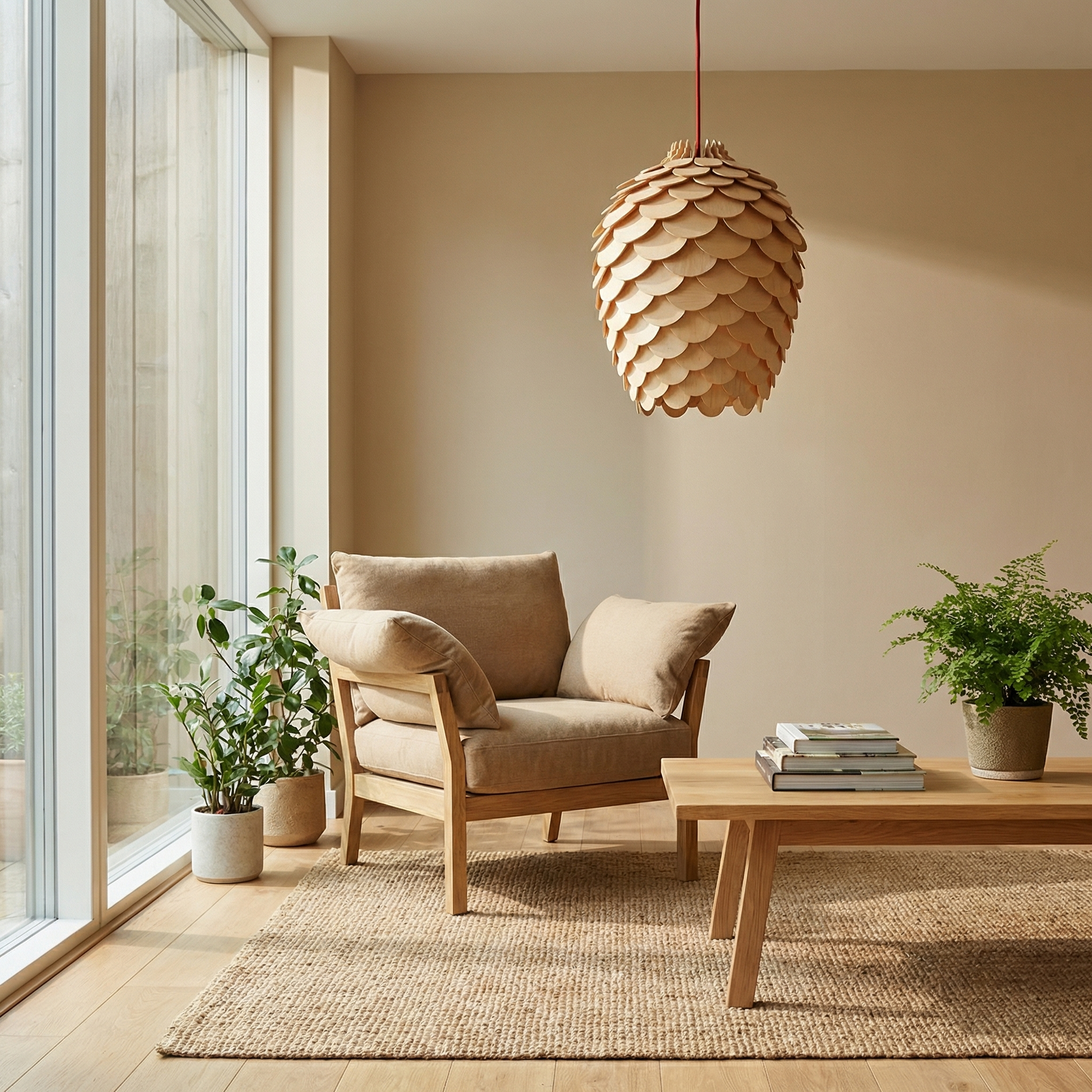 Suspension luminaire bois sculpté nature forme arrondie Orena - vue 2