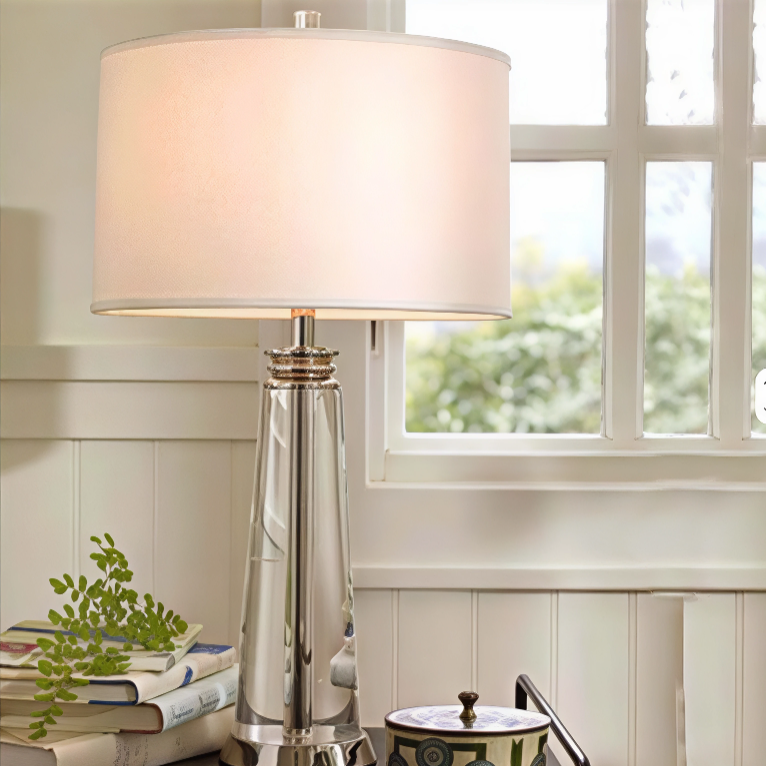 Contemporary Bedside Lamp Lunara in Crystal and Steel with White Fabric Shade - View 4