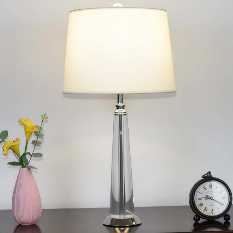 Contemporary Bedside Lamp Lunara in Crystal and Steel with White Fabric Shade - View 10